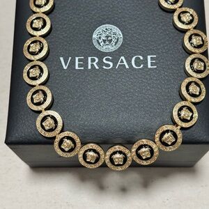 Versace Gold Medusa Charm Chain Necklace with Black Logo Backdrop